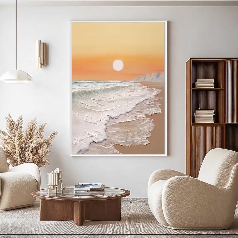 Serene Beach Sunset Oil Painting On Canvas, Textured Wave Art,Sandy Shore Art,Coastal Dusk Art