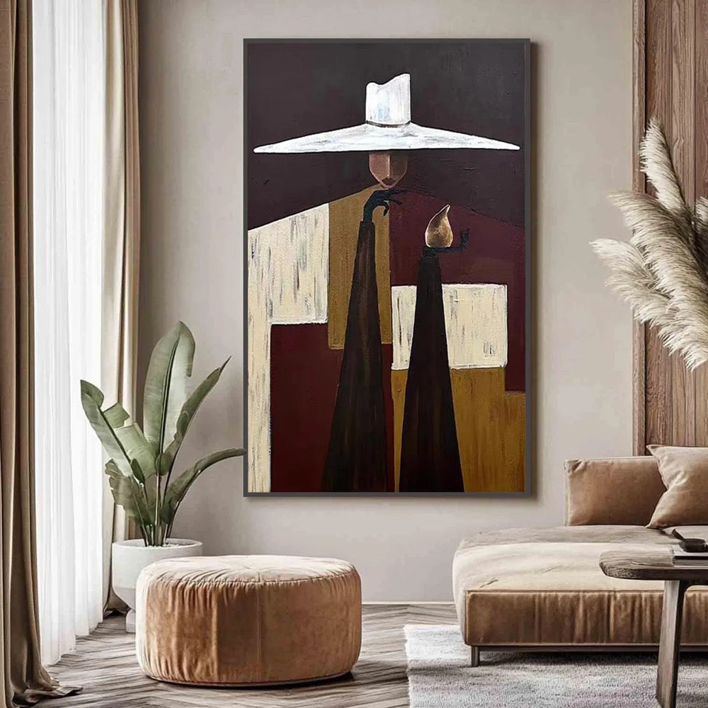 Mysterious Figure Abstract Painting,Large Wall Art,Modern Man in Hat Canvas,Eclectic Cubist