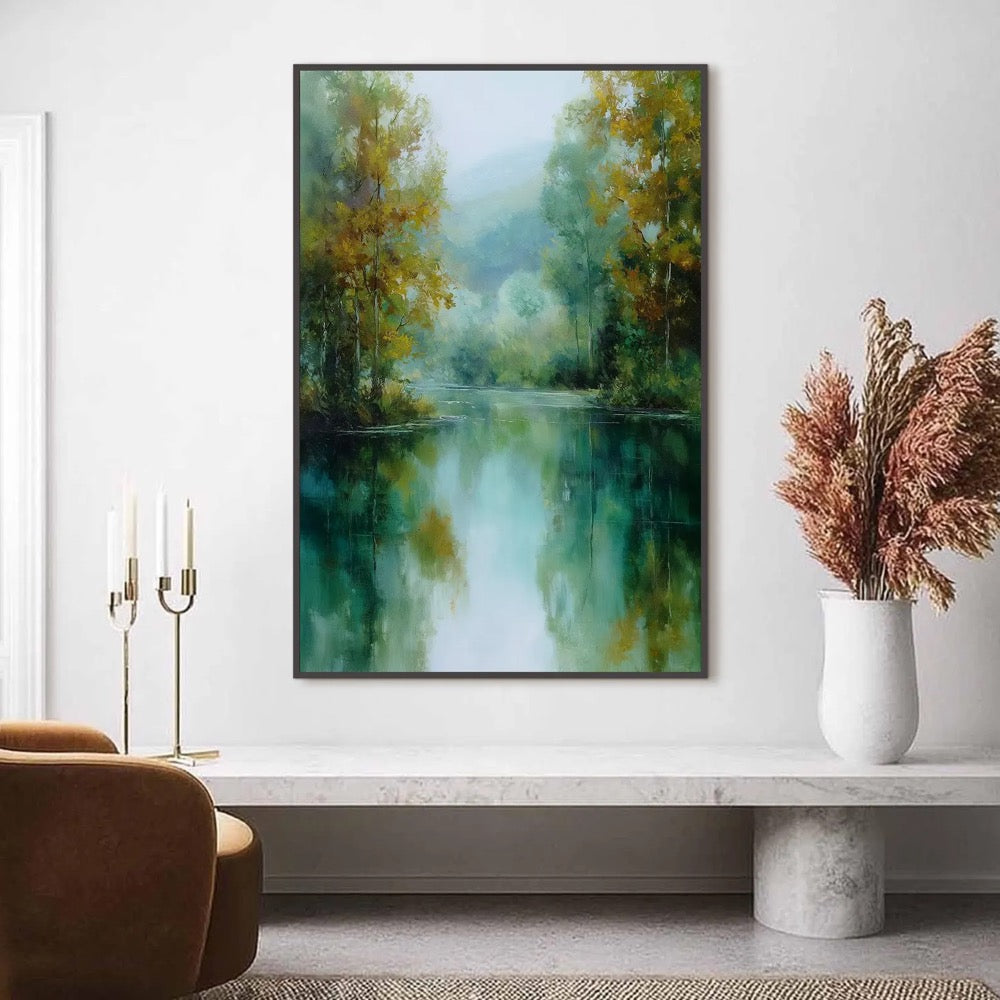 Original Misty River Oil Painting, Abstract Green Forest Landscape Canvas Art, Large Moody Tree Wall Art