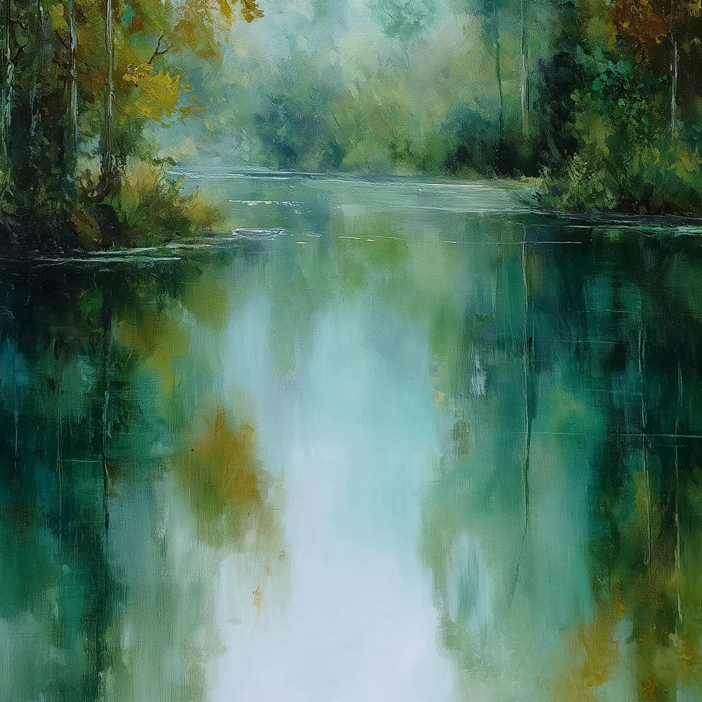 Original Misty River Oil Painting, Abstract Green Forest Landscape Canvas Art, Large Moody Tree Wall Art