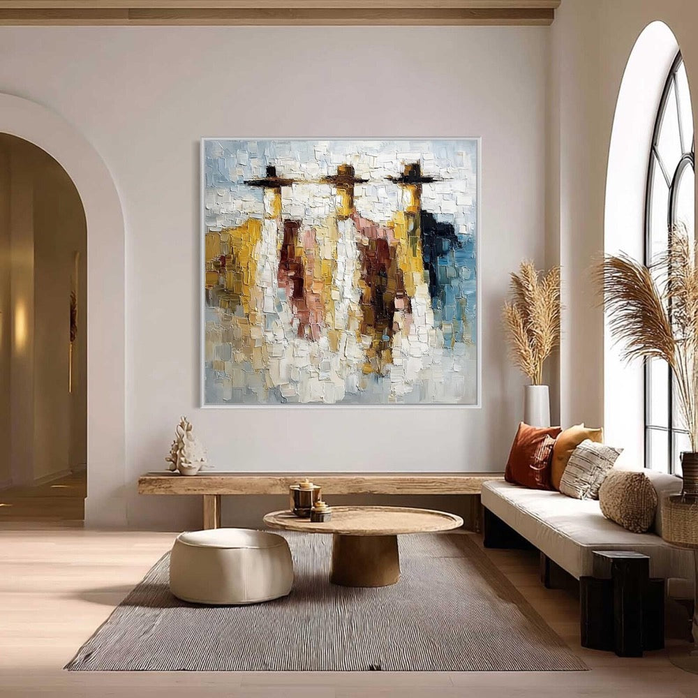 Large Abstract Cowboy Painting, Textured Western Wall Art, Impasto Canvas Art,Modern Living Room Decor