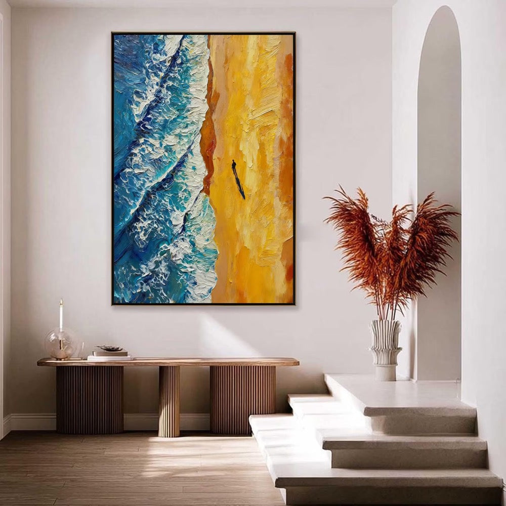 Coastal Wave Oil Painting, Textured Blue Sea with Golden Sand,Lonely Figure Silhouette at Sunset