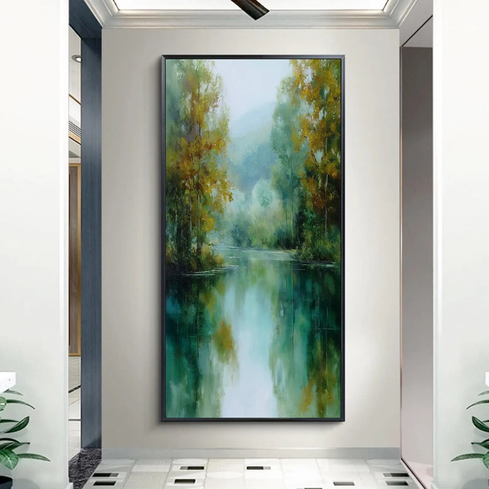 Original Misty River Oil Painting, Abstract Green Forest Landscape Canvas Art, Large Moody Tree Wall Art