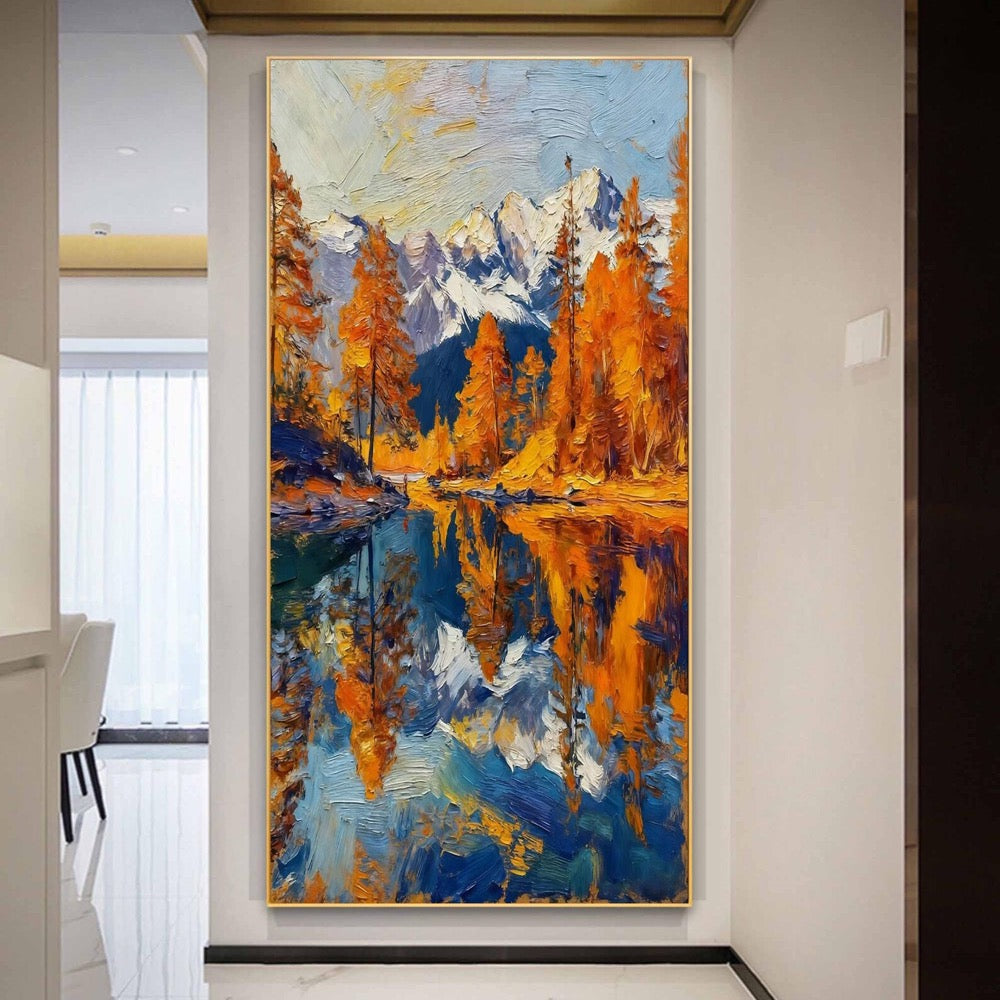 Autumn Lake Reflection Oil Painting On Canvas,Golden Trees with Snowy Mountain Landscape