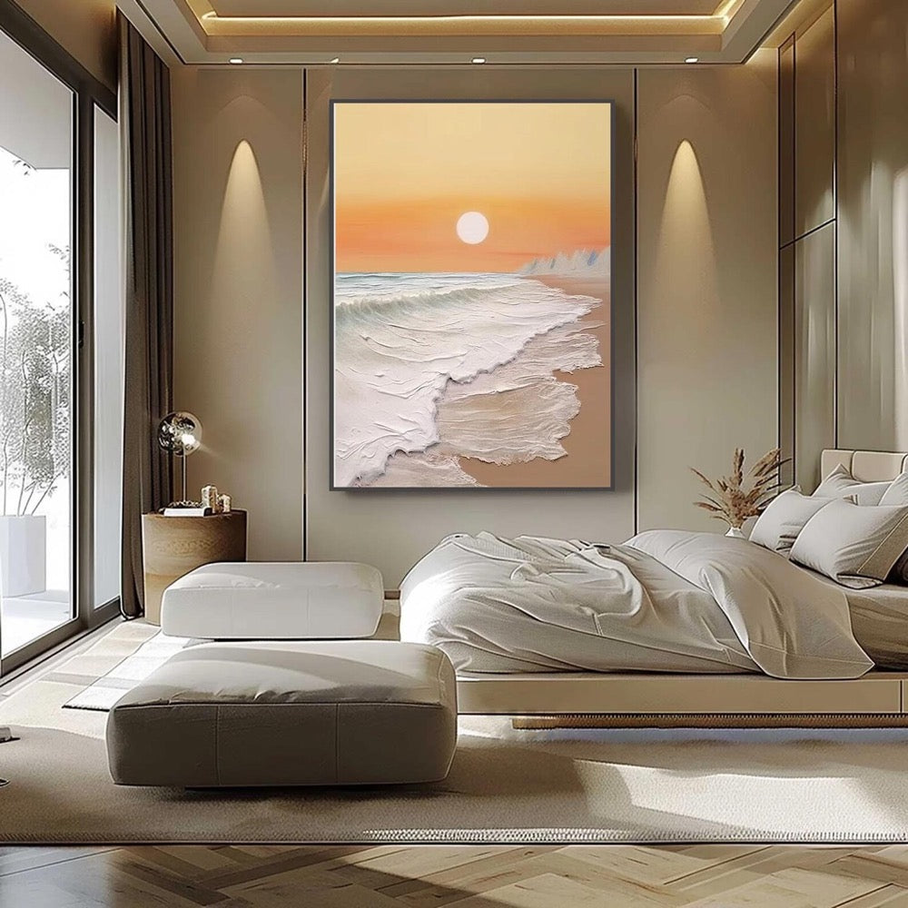 Serene Beach Sunset Oil Painting On Canvas, Textured Wave Art,Sandy Shore Art,Coastal Dusk Art