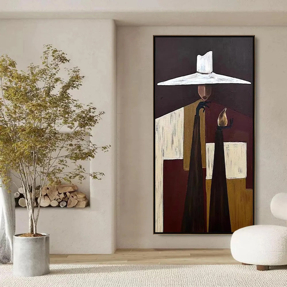Mysterious Figure Abstract Painting,Large Wall Art,Modern Man in Hat Canvas,Eclectic Cubist