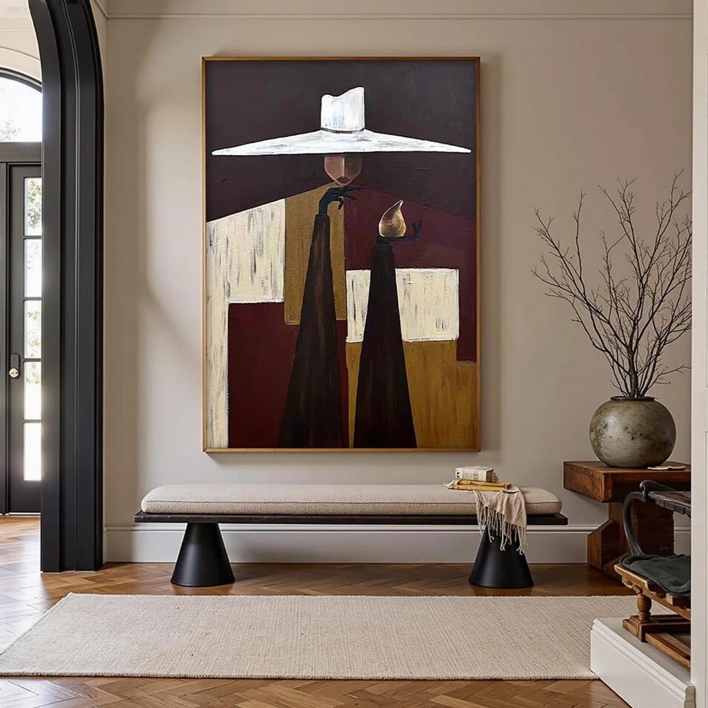 Mysterious Figure Abstract Painting,Large Wall Art,Modern Man in Hat Canvas,Eclectic Cubist