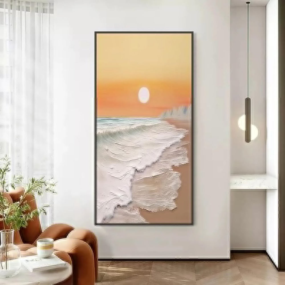Serene Beach Sunset Oil Painting On Canvas, Textured Wave Art,Sandy Shore Art,Coastal Dusk Art