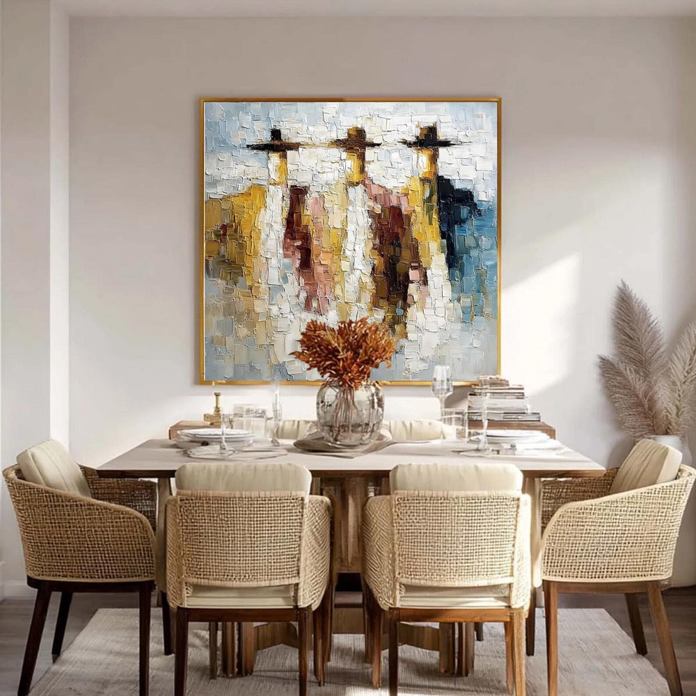 Large Abstract Cowboy Painting, Textured Western Wall Art, Impasto Canvas Art,Modern Living Room Decor