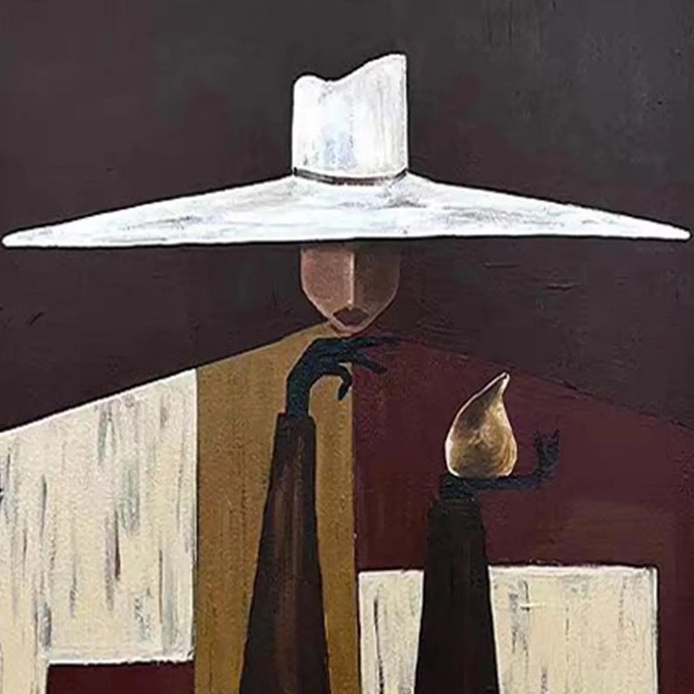 Mysterious Figure Abstract Painting,Large Wall Art,Modern Man in Hat Canvas,Eclectic Cubist