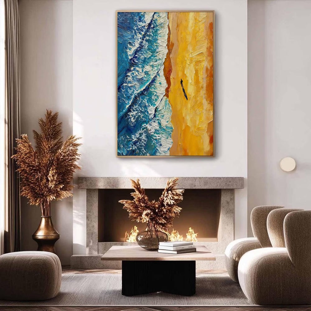 Coastal Wave Oil Painting, Textured Blue Sea with Golden Sand,Lonely Figure Silhouette at Sunset