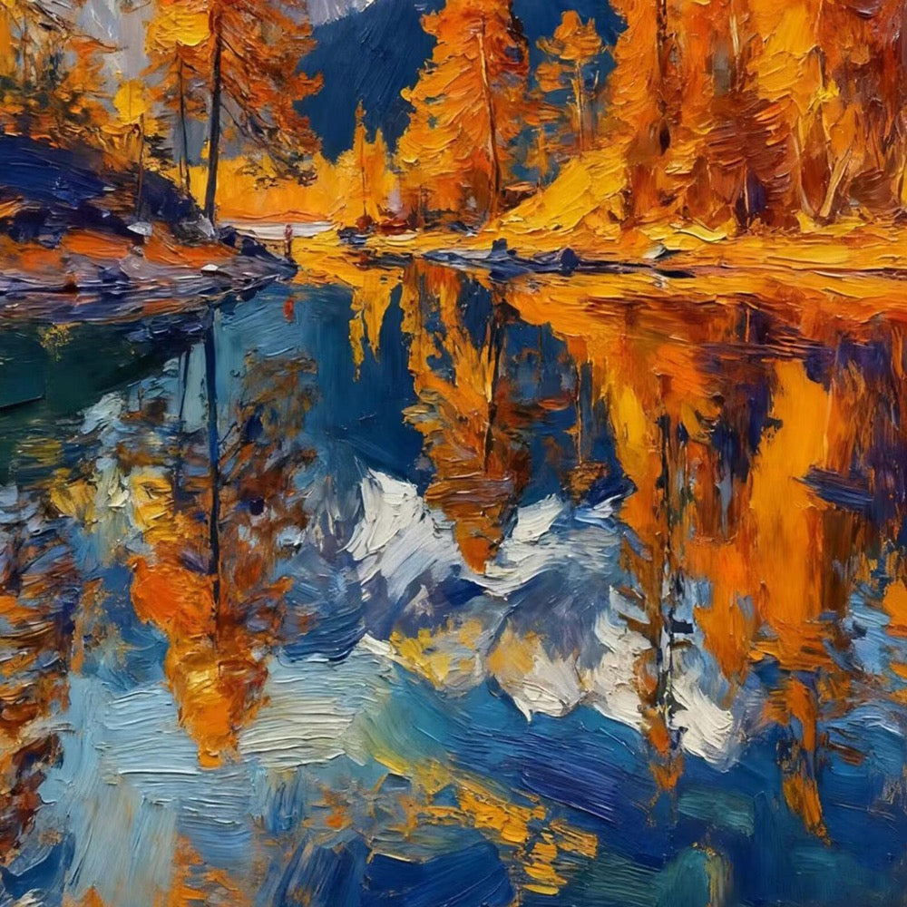 Autumn Lake Reflection Oil Painting On Canvas,Golden Trees with Snowy Mountain Landscape