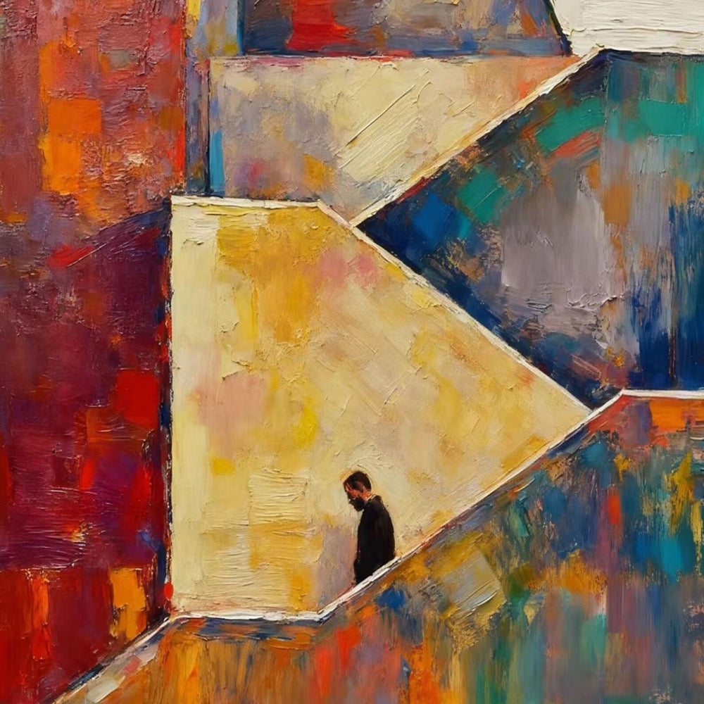 Geometric Abstract Figure Painting, Man in Color Block Room, Modern Multi-color Wall Art