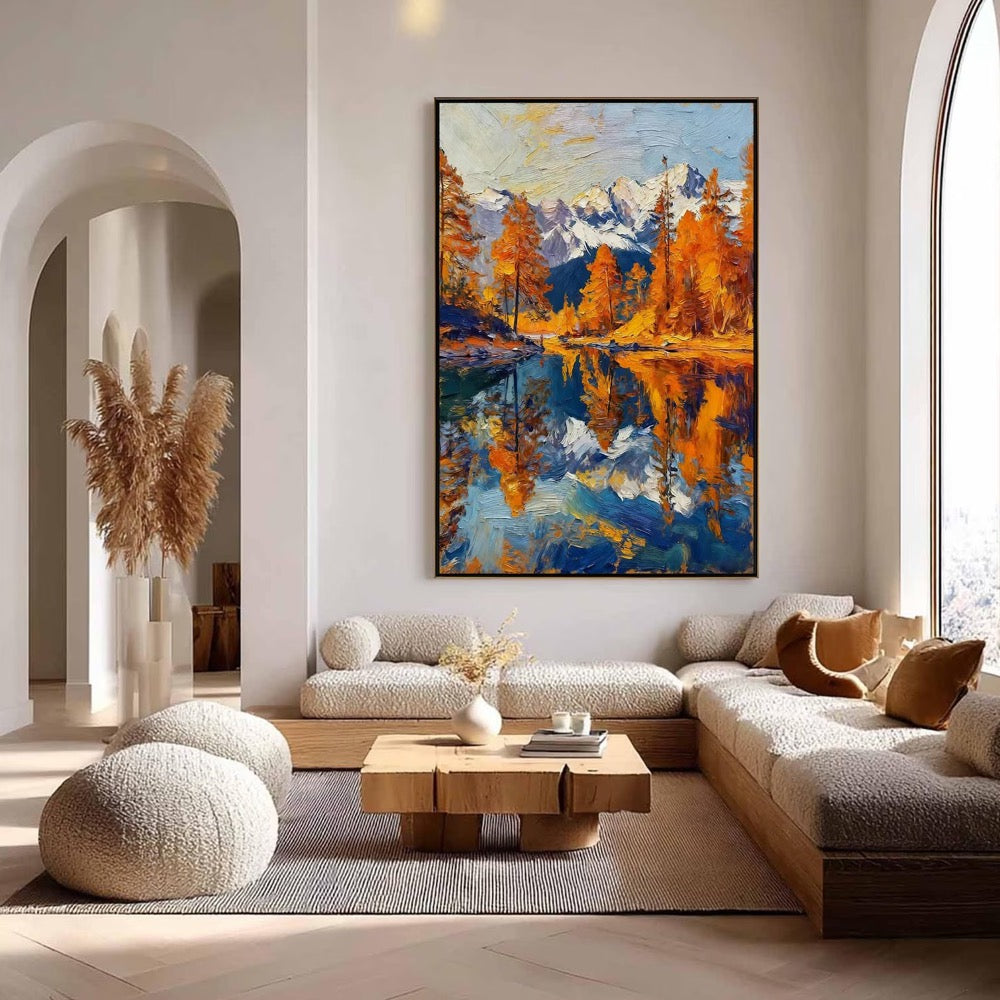 Autumn Lake Reflection Oil Painting On Canvas,Golden Trees with Snowy Mountain Landscape