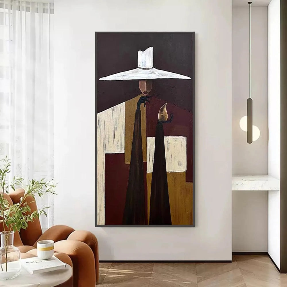 Mysterious Figure Abstract Painting,Large Wall Art,Modern Man in Hat Canvas,Eclectic Cubist