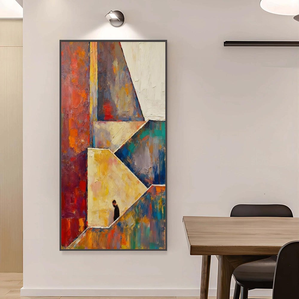 Geometric Abstract Figure Painting, Man in Color Block Room, Modern Multi-color Wall Art