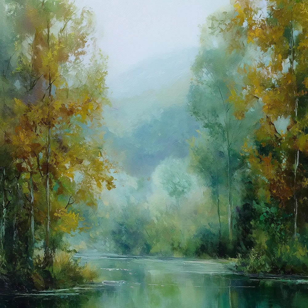 Original Misty River Oil Painting, Abstract Green Forest Landscape Canvas Art, Large Moody Tree Wall Art