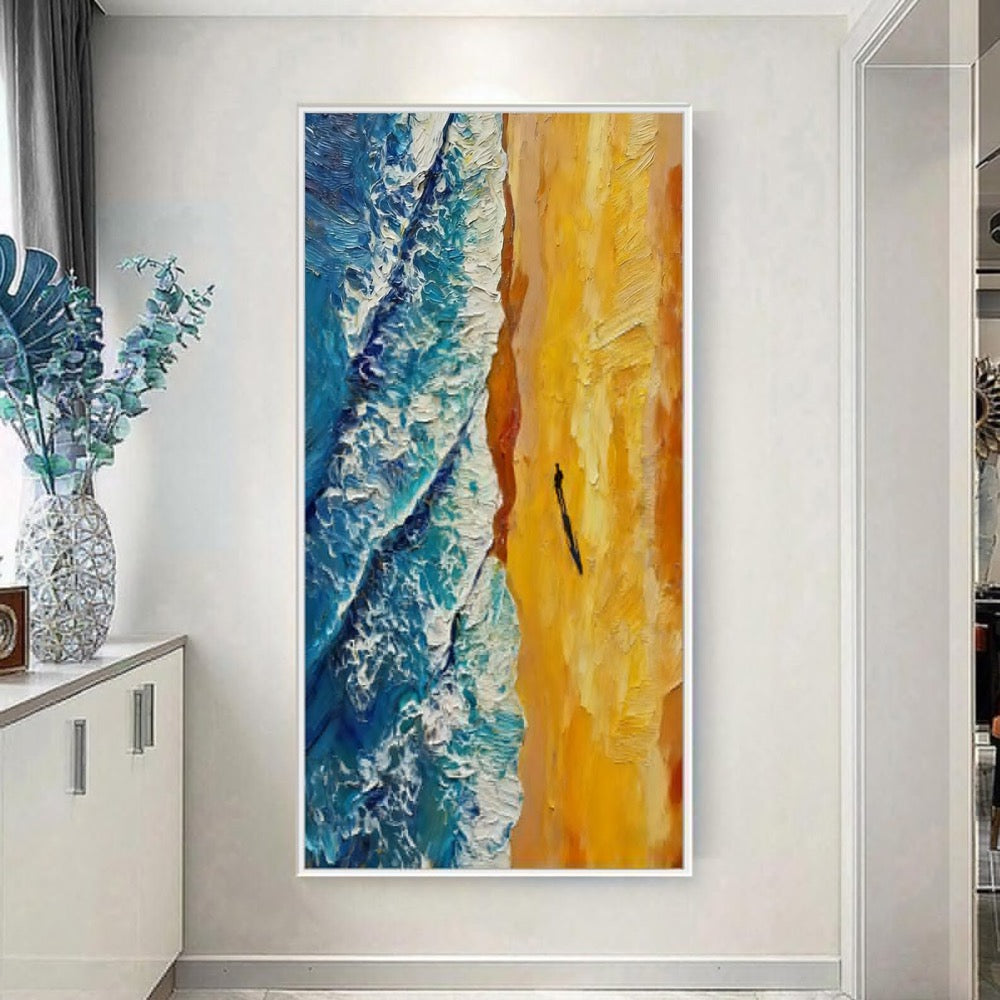 Coastal Wave Oil Painting, Textured Blue Sea with Golden Sand,Lonely Figure Silhouette at Sunset