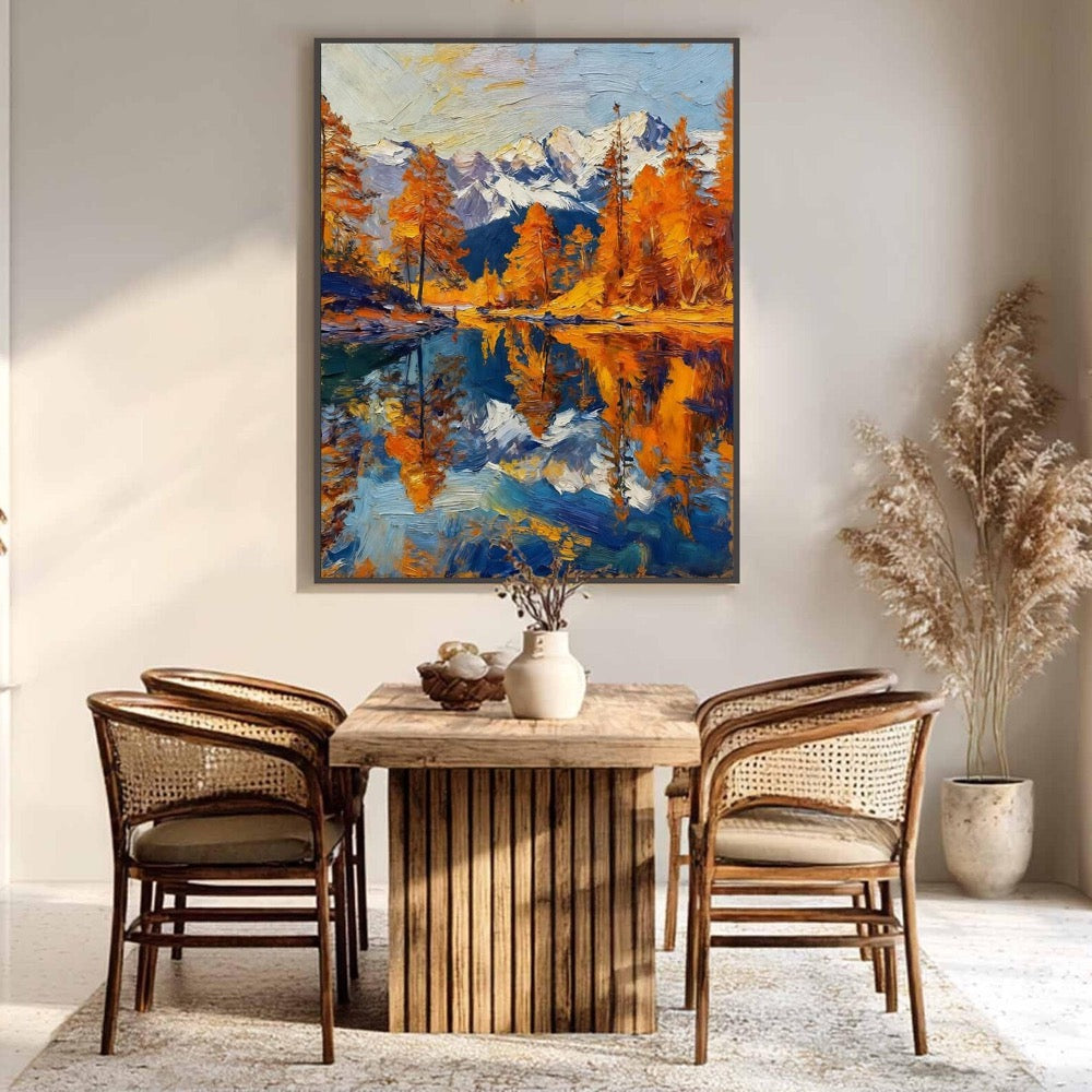 Autumn Lake Reflection Oil Painting On Canvas,Golden Trees with Snowy Mountain Landscape