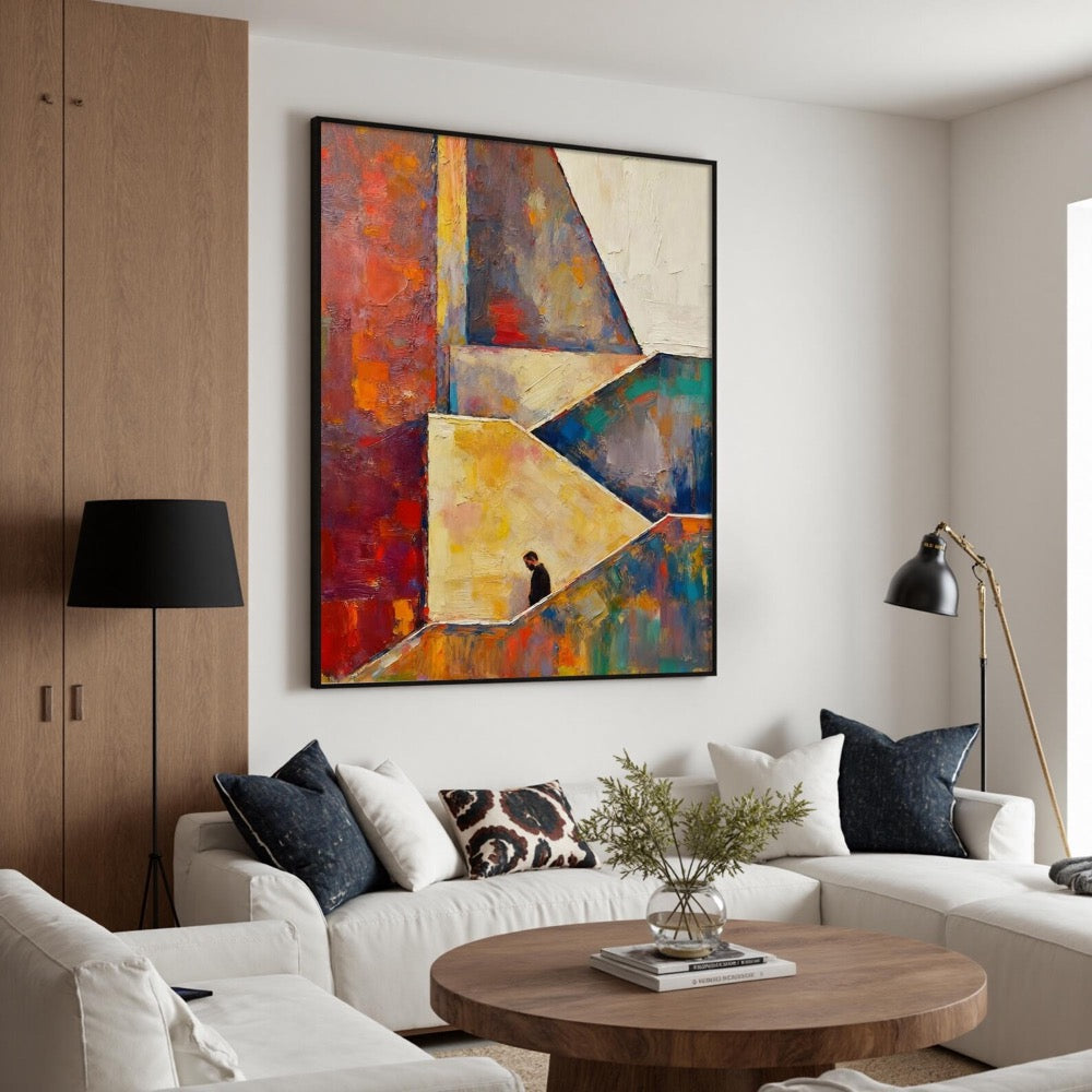 Geometric Abstract Figure Painting, Man in Color Block Room, Modern Multi-color Wall Art