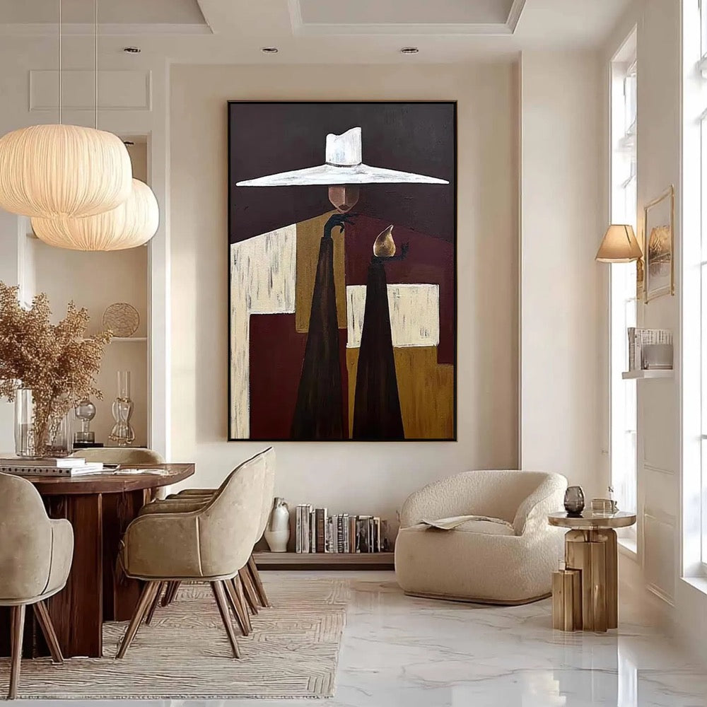 Mysterious Figure Abstract Painting,Large Wall Art,Modern Man in Hat Canvas,Eclectic Cubist