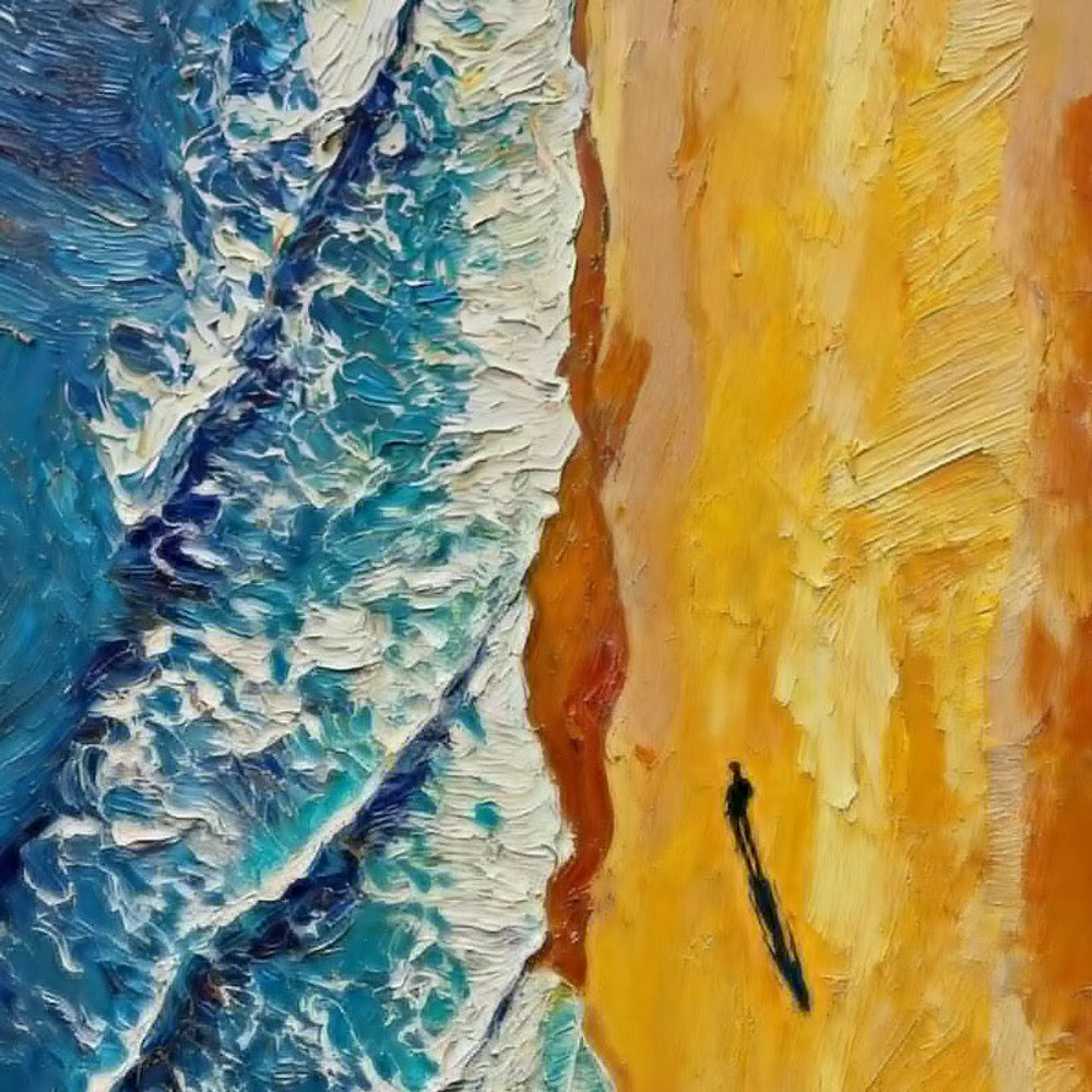 Coastal Wave Oil Painting, Textured Blue Sea with Golden Sand,Lonely Figure Silhouette at Sunset