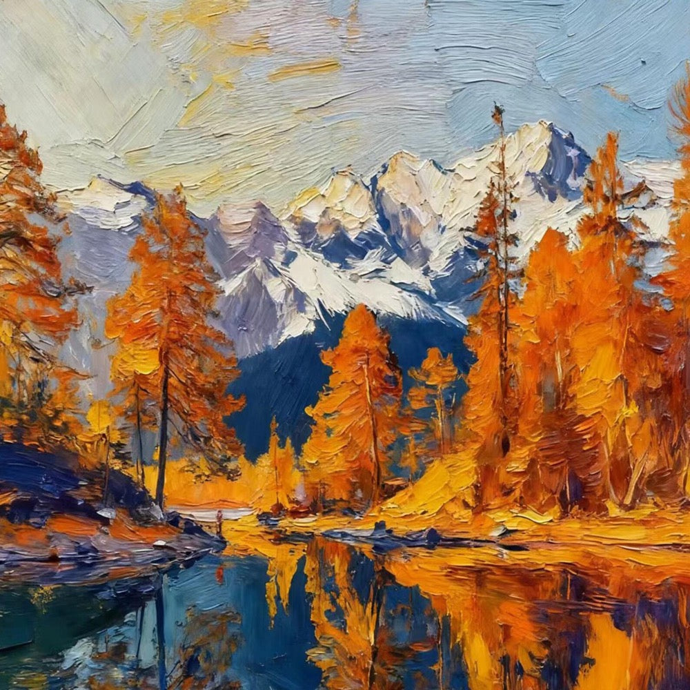 Autumn Lake Reflection Oil Painting On Canvas,Golden Trees with Snowy Mountain Landscape