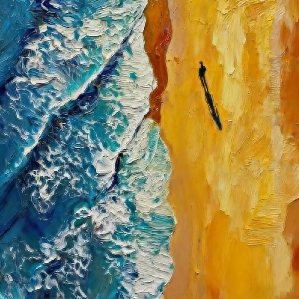 Coastal Wave Oil Painting, Textured Blue Sea with Golden Sand,Lonely Figure Silhouette at Sunset